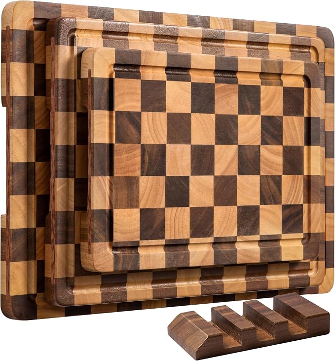 Wooden Cutting Board Set, Checkered Cutting Boards for Kitchen 3PCS, Walnut Chopping Board with Juice Grooves & Handles, Upgraded Decorative Serving Tray for Meat Vegetable Fruit, with Gift Box