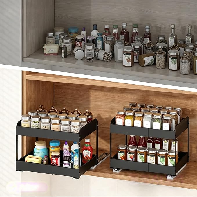 Across-Star Expandable Pull Out Drawers For Shallow Cabinets, 2-Tier Slide Out No Drill Adhesive Kitchen Cabinet Organzier, Adjustable Roll Out Sliding Shelf For Short Upper Cabinet Pantry