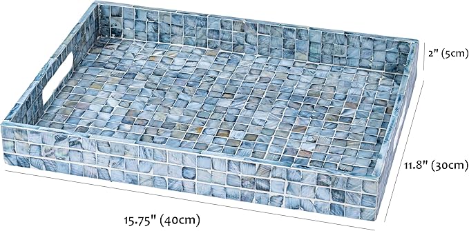 PEMAR Rectangular Mother of Pearl Serving Tray Nacre Wood Lap Ottoman Tray for Coffee Table, Luxury Decorative Handmade Eating Platters w Insert Handles (Blue)