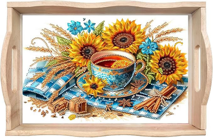 BAYUNOE DIY Diamond Serving Tray Christmas Rectangular Breakfast Tray with Handle Handmade Diamond Art Painting Wooden Tray for Dinner Plate Coffee Room Living Home Organizer-Afternoon Tea