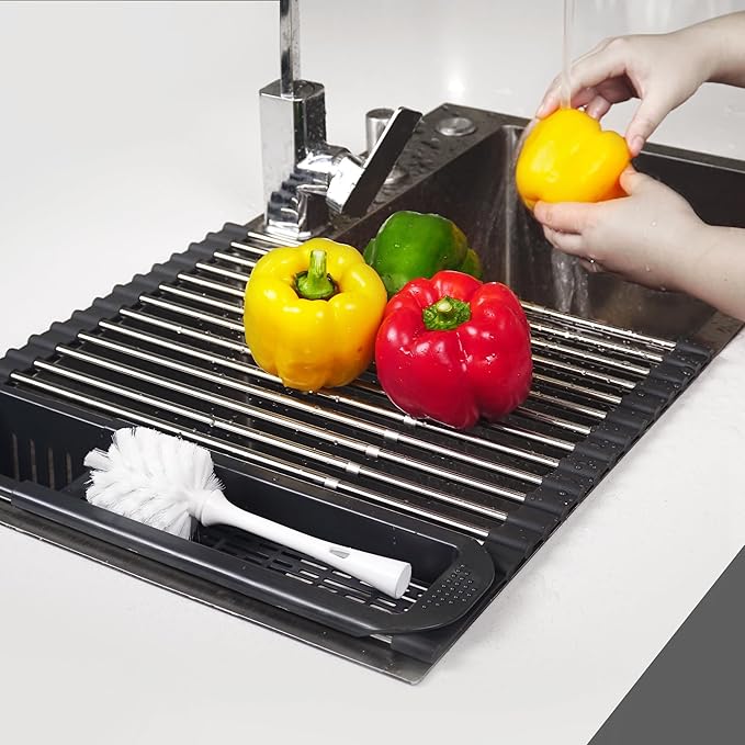 Roll Up Dish Drying Rack Over The Sink, 304 Stainless Stee Dish Drainer, Foldable & Adjustable Sink Drying Rack for Kitchen Sink Counter with Utensil Holder (Gray, Expandable)