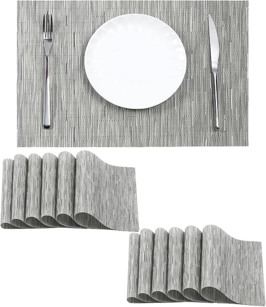 Leetaltree Silver Placemats Set of 12 - Heat Resistant Non-Slip Place mats for Dining Table, Washable Durable PVC Vinyl Woven Table Mats（Sliver, 12）