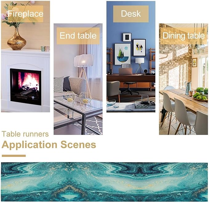 Marble Table Runner, Abstract Teal Modern Luxury Texture Printed Linen Table Runners for Living Room Farm Kitchen Dining Room Party Holiday Home Decor 13" W x 48" L
