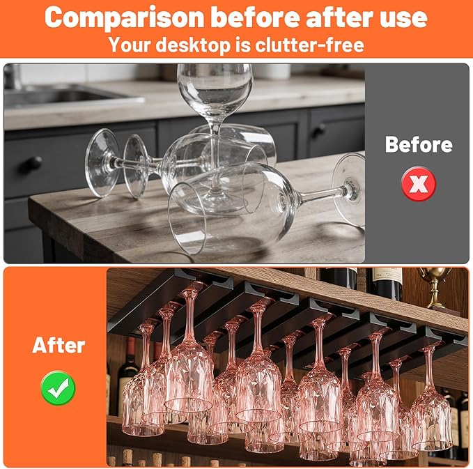 5 Pack Wine Glass Holder Under Shelf, Wine Glass Rack Under Cabinet Stemware Rack Punch Free Plastic Glassware Drying Hanger for Bar Restaurant Kitchen(Black)