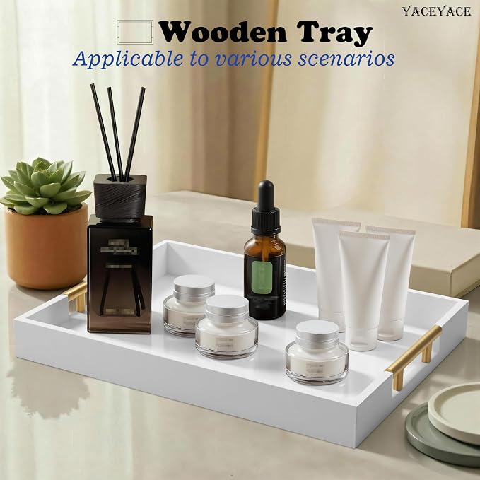 White Serving Tray with Metal Handles, 15.75" x 11.8" x 1.7" Wood Serving Tray for Ottoman Coffee Table, Kitchen Counter, Food, Bathroom