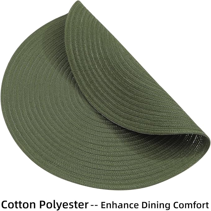 SHACOS Round Placemats Set of 8 Washable 15 inch Round Table Mats Cotton Polyester Woven Braided Place Mats for Dining Table Wedding Party Decor (Olive Green, 8)