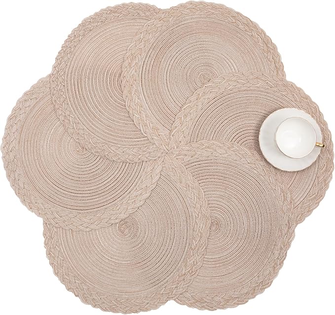 SHACOS Round Placemats Set of 4 Boho Braided Border 15 inch Circle Place Mats Washable Fabric Table Mats for Kitchen Dining Table, Beige