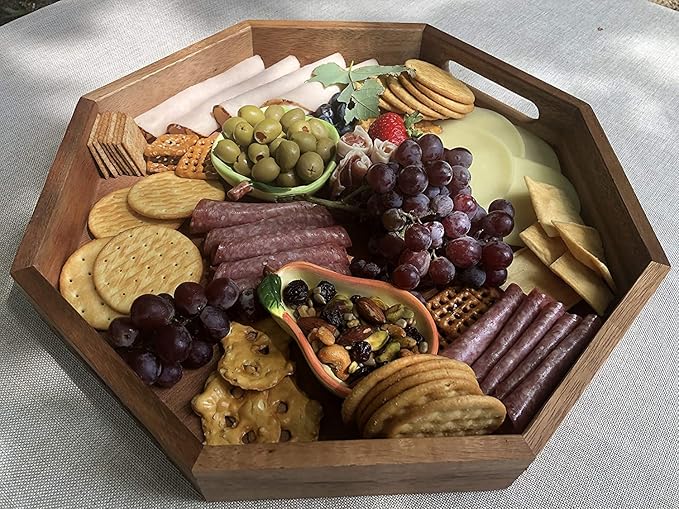 Acacia Wood Octagon Serving Tray – 13” Rustic Wooden Tray for Coffee Table, Kitchen or Home Decor