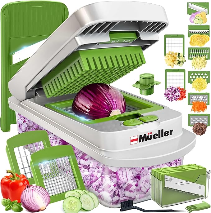 Mueller Pro-Series 10-in-1, 8 Blade Vegetable Chopper, Onion Mincer, Cutter, Dicer, Egg Slicer with Container, French Fry Cutter Potato Slicer, Home Essentials, Salad Chopper White Sand/Green