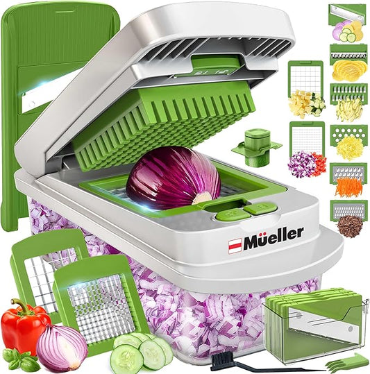 Mueller Pro-Series 10-in-1, 8 Blade Vegetable Chopper, Onion Mincer, Cutter, Dicer, Egg Slicer with Container, French Fry Cutter Potato Slicer, Home Essentials, Salad Chopper White Sand/Green