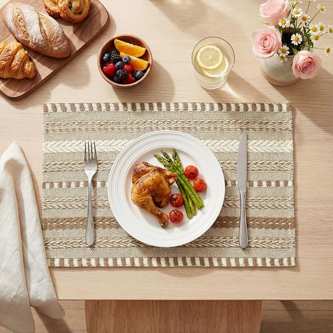 Artoid Mode Light Coffee Farmhouse Woven Braided Stripe Placemats Set of 4,12x18 Inch Seasonal Holiday Table Mats Party Kitchen Dining Decoration
