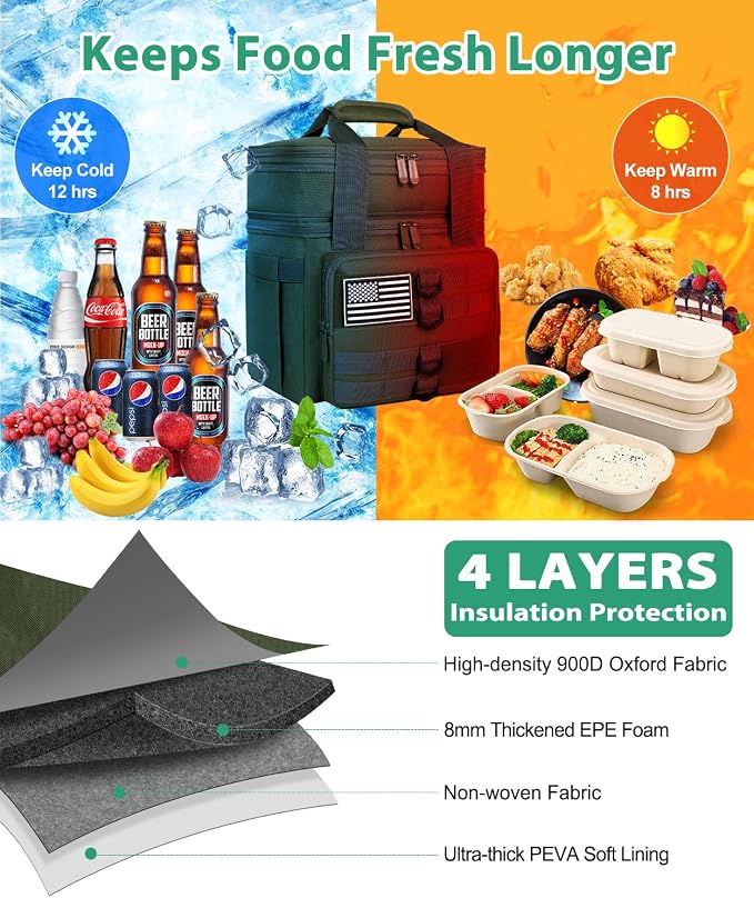 Tactical Lunch Box for Men, Large Insulated Lunch Bag for Adult, Heavy Duty Double Deck Expandable Lunch Cooler Bag with American Flag, Leakproof Soft Lunch Pail for Work Office Camping - Green