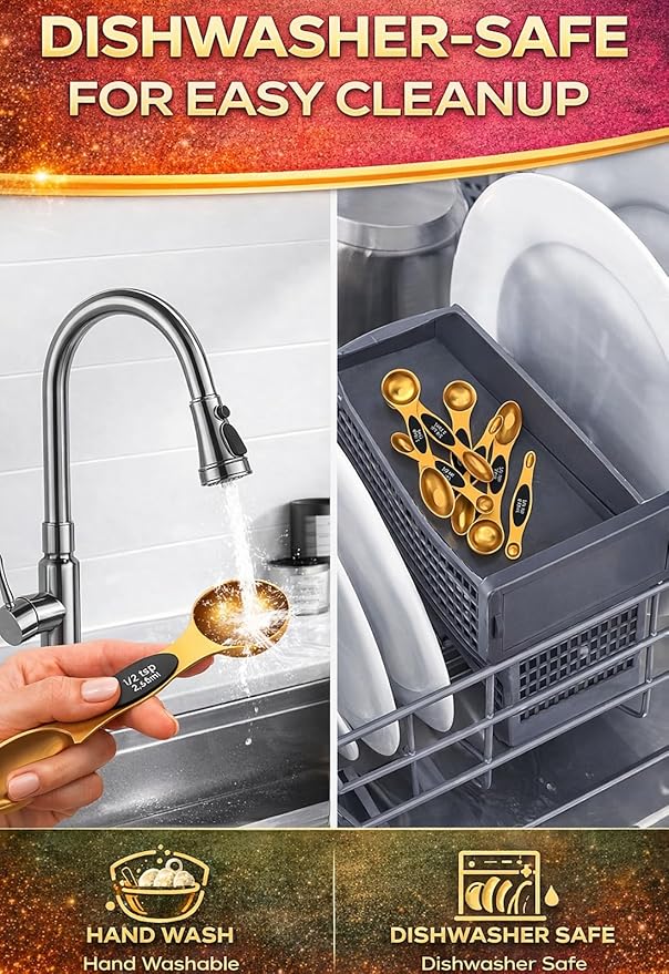 Magnetic Measuring Spoons Set with Strong N45 Magnets, Heavy Duty Stainless Steel Metal, Fits in Most Kitchen Spice Jars for Baking & Cooking, BPA Free, Multicolor, Set of 8 with Leveler(Gold)