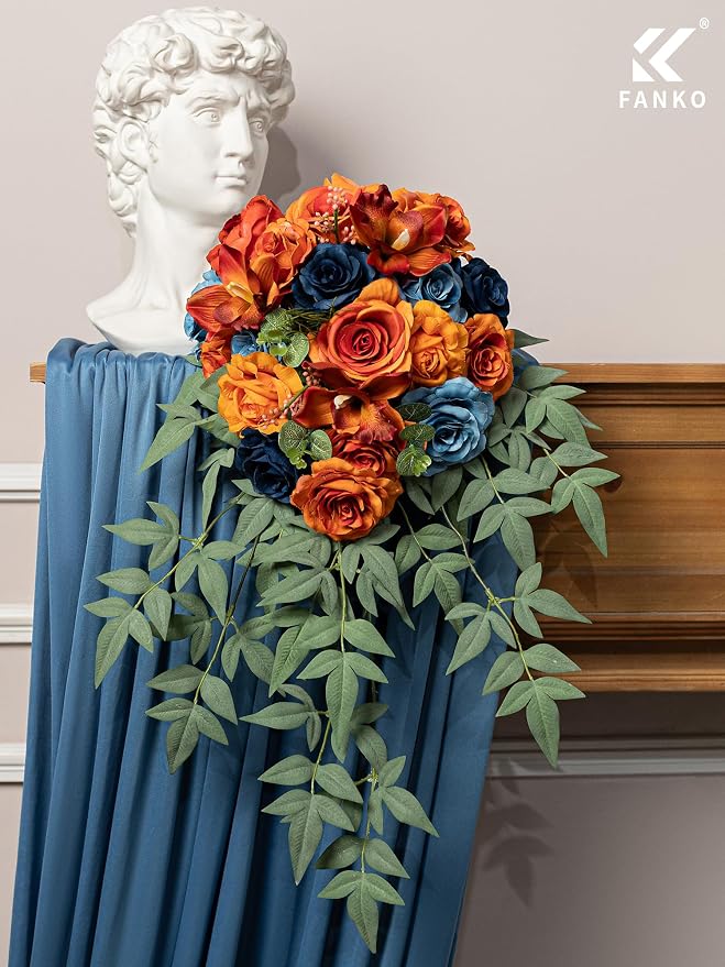 FANKO Artificial Flowers for DIY, Dusty Blue Navy Burnt Orange Faux Flowers Bouquet, Fake Rose Lily Silk Flowers for Vase, Home Decor, Celebrations, Summer Wedding, Rustic Events, Party