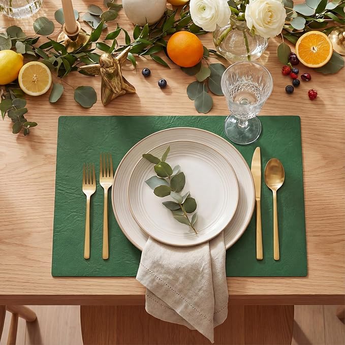 Artoid Mode Green Faux Leather Placemats Set of 8, 12x18 Inch Waterproof Wipeable Heat Resistant Vinyl Place Mats, Reversible Table Mats for Kitchen Dining Decor