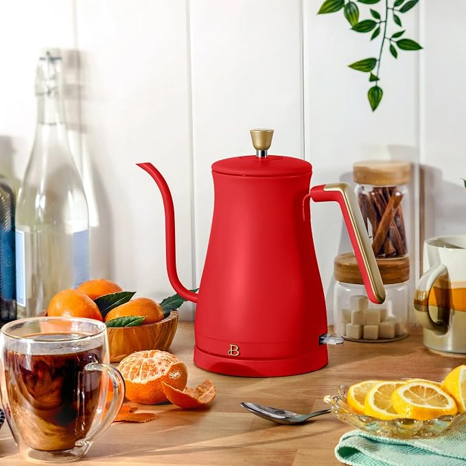 Electric Gooseneck Kettle 1 Liter 1200W Fast Boil with Precision Pour Spout, Stainless Steel Interior, Auto Shut-Off & 360° Swivel Base (Tomato Red)