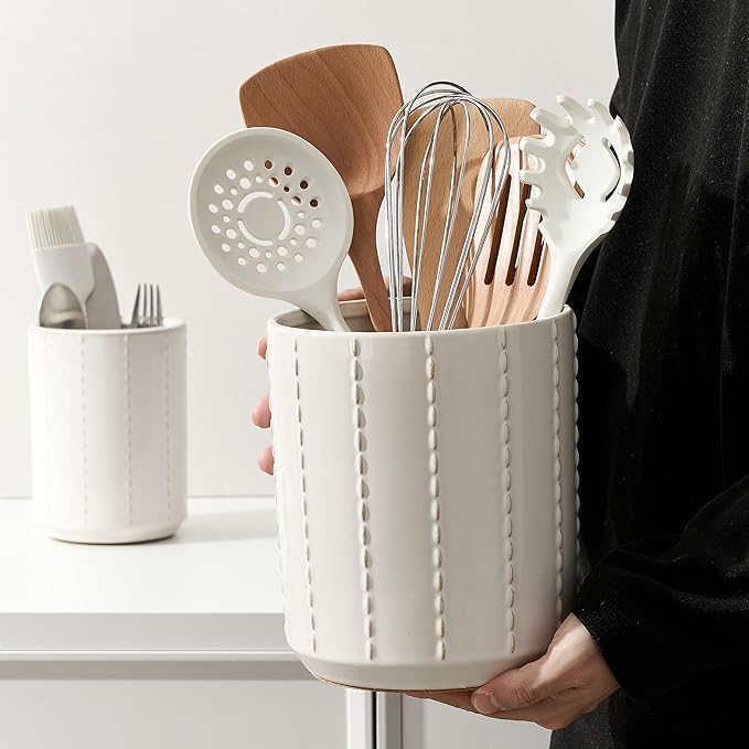 JIEMEI HOME Kitchen Utensil Holder, Large 7.5"+6.2" Bead Chain Ceramic Utensil Crock for Countertop, Utensil Holder with Cork Mat, Morden Utensil Organizer for Spatula, Kitchen Decor, Set of 2, White