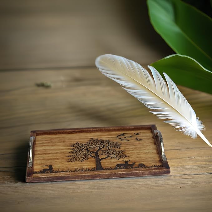 Large Wooden Serving Tray with Nature Scene, Decorative Tree and Wildlife Design, Metal Handles