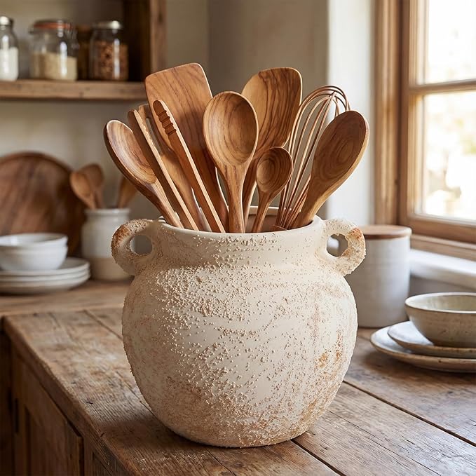 Qinyoung Rustic Kitchen Utensil Holder 6 Inch Small Ceramic Utensil Holder with Handle Vintage Crock Decoration Spatula Organizer for Kitchen Countertop Farmhouse Party Supplies (White,Elegant)