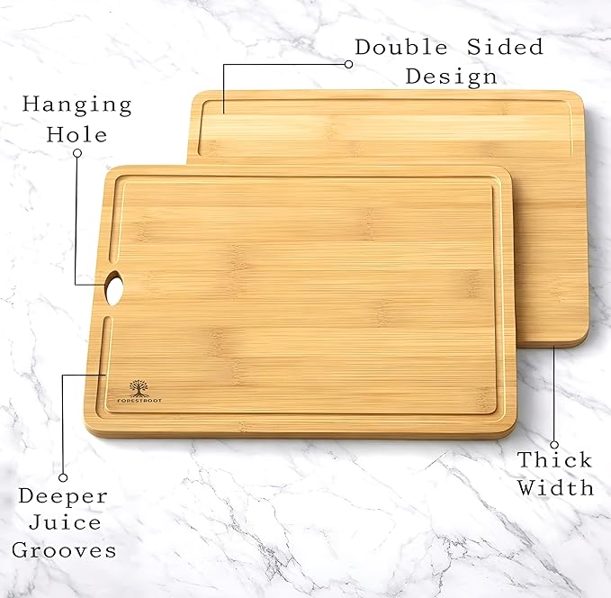 Bamboo Cutting Board Set – 3-Piece Natural Bamboo Boards with Deep Juice Grooves & Hanging Holes, Eco-Friendly Wooden Cutting Boards for Kitchen, Perfect for Chopping Meat, Bread & Fruits
