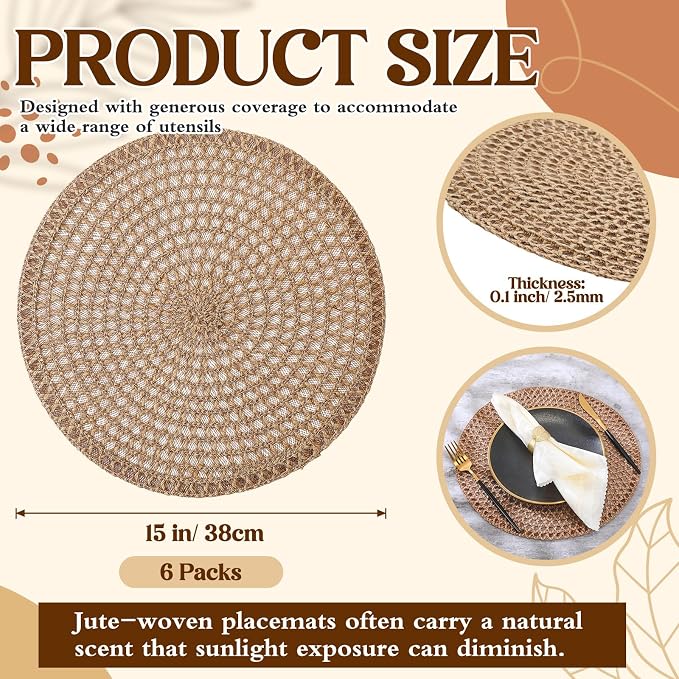 15 Inch Round Burlap Placemat Set of 6 Boho Jute Woven Charger Bulk Rustic Vintage Natural Brown Heat Resistant Dining Table Mat for Wedding Farmhouse Home Kitchen Summer Outdoor Decoration