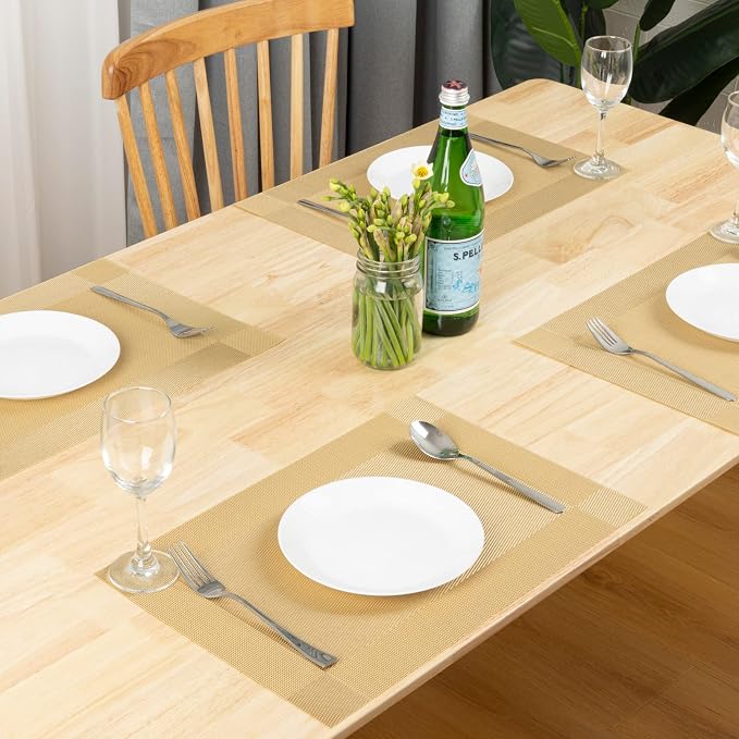 Winknowl Placemats Set of 8, Washable Vinyl Woven Placemats, Heat Resistant & Wipeable Table Mats for Kitchen Dining Table (Golden)