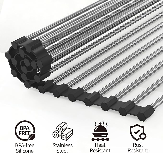 Dish Drying Rack with Roll Up and Over Sink for Kitchen 17"X15.7" (Black)