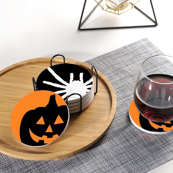 Drink Coasters for Drinks Set of 6, Green Black Orange Halloween Absorbent Round Ceramic Stone Mat Coaster, with Cork Base and Metal Holder, Home Bar Decor House Warming Gift