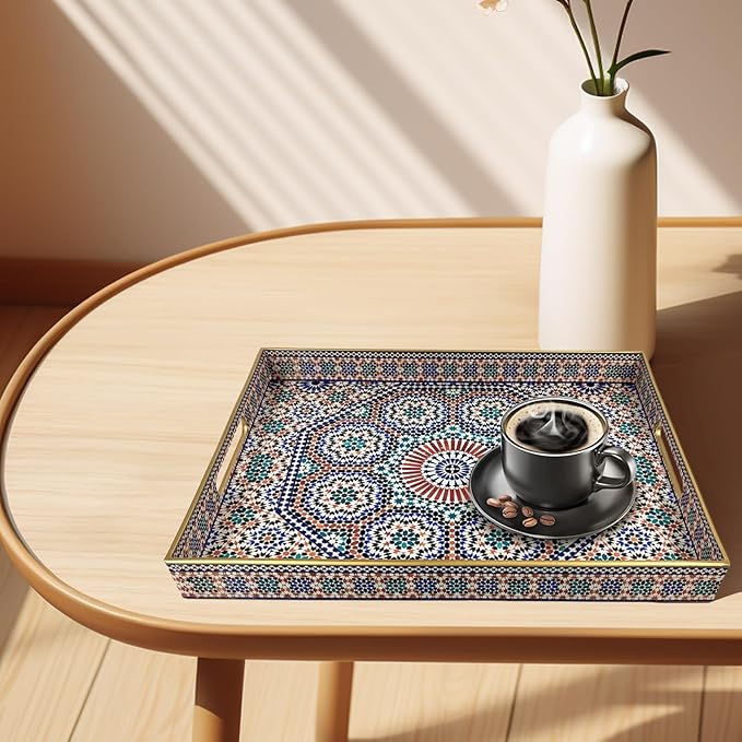 Plastic Coffee Trays,Serving Tray,Bohemian Blue Tray,15.7" L x 11.8" W x 1.57" H,Lightweight and Non-Slip with Handles,Perfect for Restaurants,Cafés,and Home Use(Rectangle Bohemian Blue)