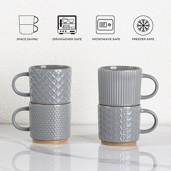 GBhome 8OZ Stackable Coffee Mugs Set of 4, Ceramic Coffee Mugs with Texture Patterns for Man,Woman,Dad,Mom, Modern Coffee Cups for Latte/Cappuccino/Cocoa. Dishwasher&Microwave Safe, Gray