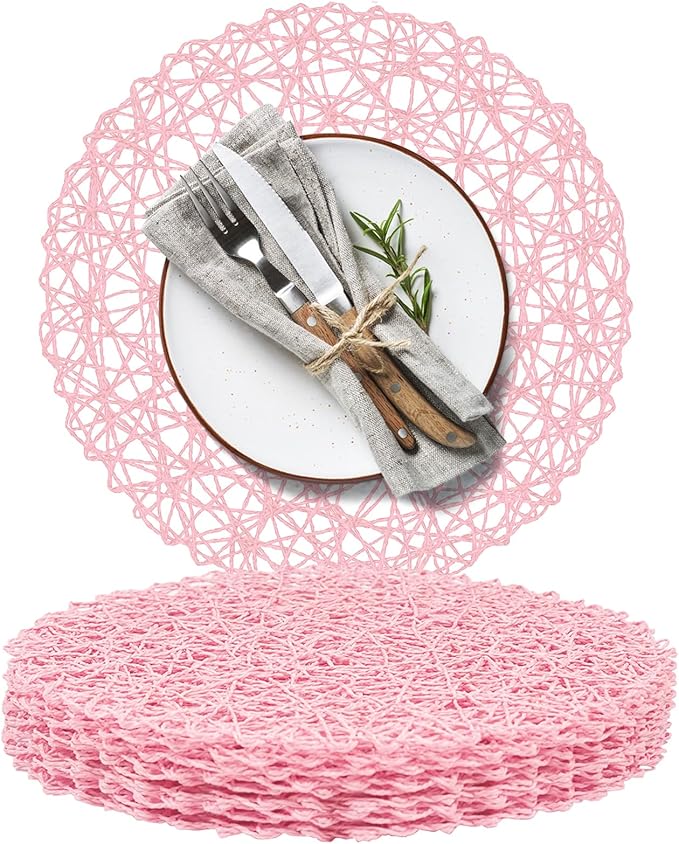 AHHFSMEI Paper Braided Round Placemats Set of 8 Natural Non-Slip Heat Resistant Table Mats for Dining Tables Woven Indoor Outdoor Place mats(Pink,8)
