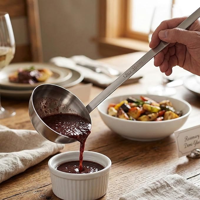 TrueCraftware- 12 oz Stainless Steel Ladle with Long Hooked Handle- Kitchen Ladle Best Kitchen Accessories for Cooking and Serving Spoon for Soup Chili Gravy Salad Dressing and Pancake Batter