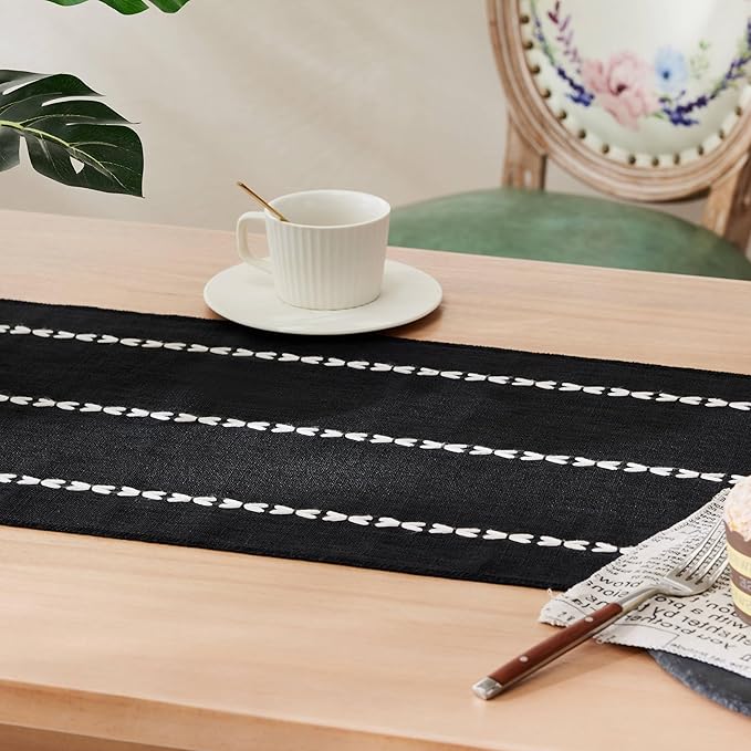 Braided Farmhouse Table Runner,Braided Black 13x90 Inch, Cotton Linen Table Runners 90 Inches Long, Embroidered Striped Black Boho Table Runner Rustic Home Decors