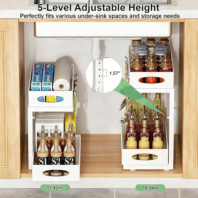 Under Sink Organizer, Pull Out Cabinet Organizer, White | Rustproof Carbon Steel, 2 Tier Mesh Sliding Drawers, 5-Level Height Adjustable to Bypass Pipes, for Kitchen Bathroom Laundry