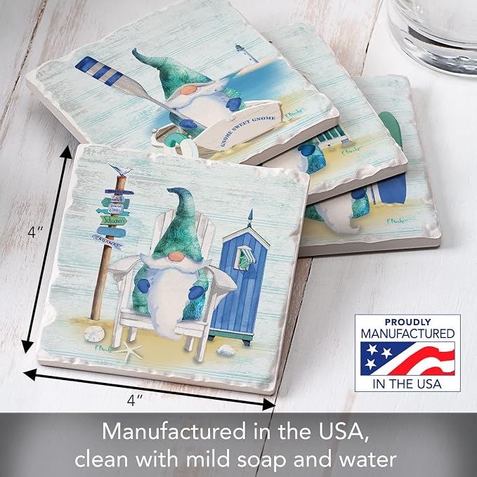 Thirstystone Coastal Gnomes 4 Pack Assorted Tumbled Tile Stone Coasters with Protective Cork Backing Manufactured in The USA Absorbent Easily Wipes Clean