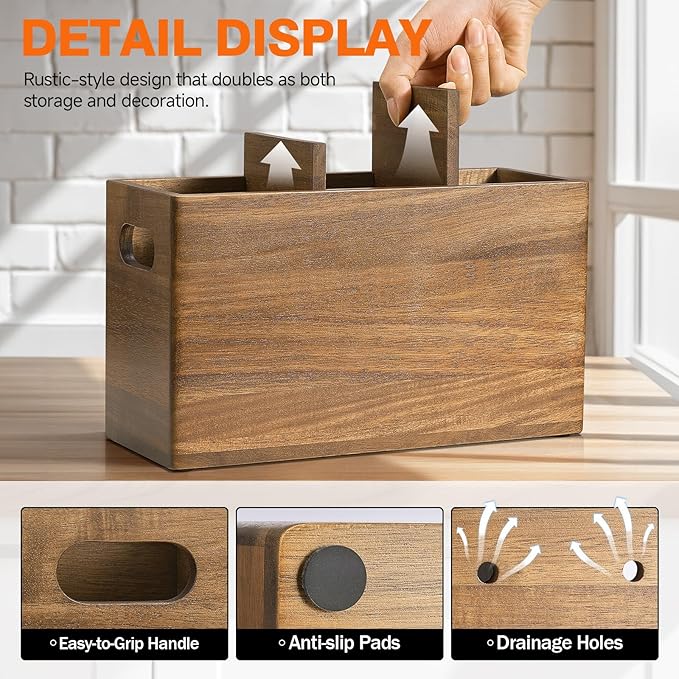Wooden Utensil Holder Counter, Kitchen Utensil Organizer Large 3 Compartment Cooking Utensils Holder, Acacia Rustic Wood Farmhouse Storage Container Crocks for Silverware and Cooker Set