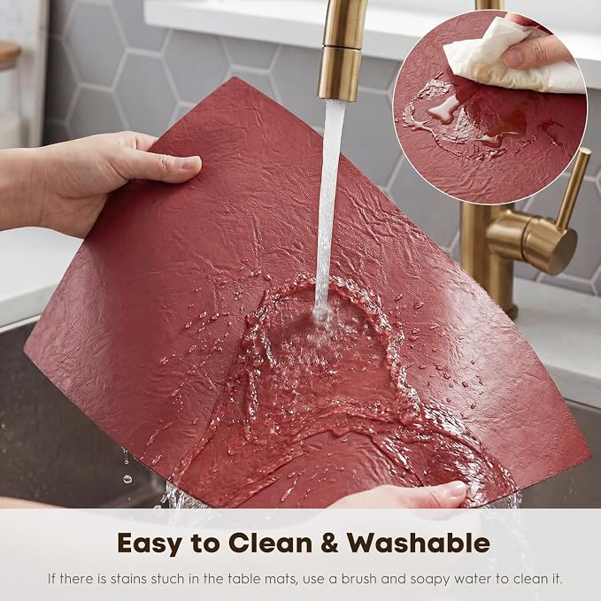 Artoid Mode Red Faux Leather Placemats Set of 6, 12x18 Inch Waterproof Wipeable Heat Resistant Vinyl Place Mats, Reversible Table Mats for Christmas Kitchen Dining Decor