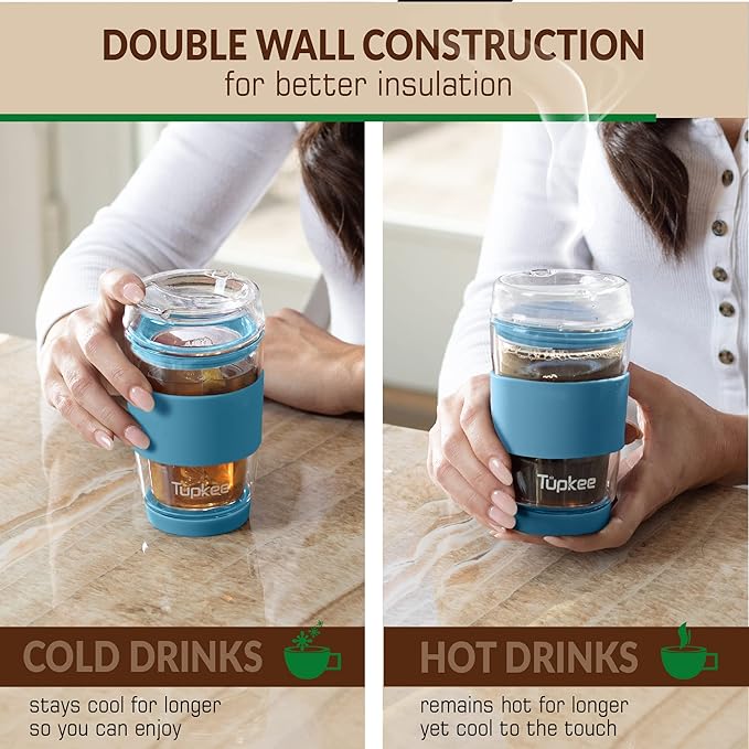Double Wall All Glass Tumbler - 8-Ounce, Reusable Insulated Tea/Coffee Mug & Lid, Hand Blown Glass Travel Mug - Niagara - 2 Pack