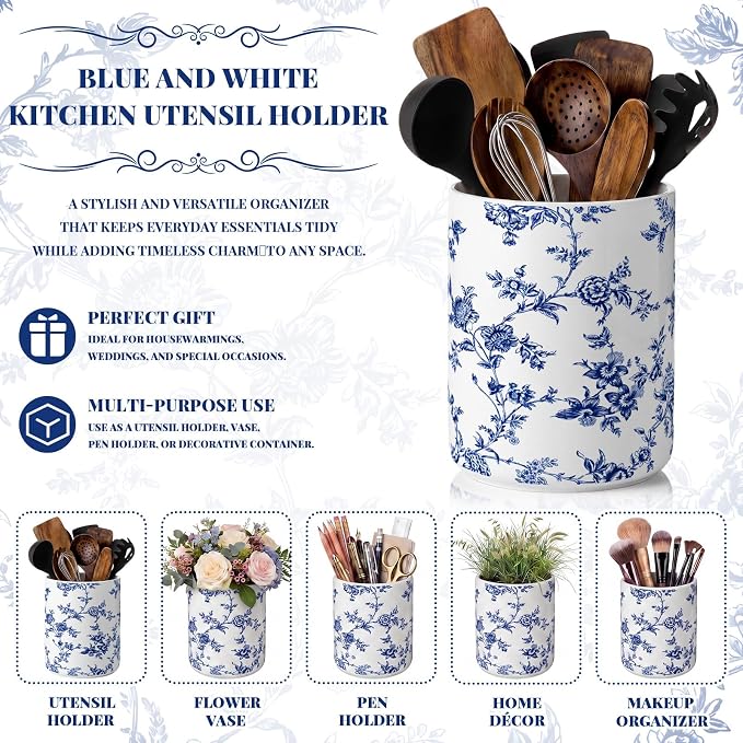 Suclain Blue Floral Ceramic Utensil Holder 6.3 Inch Chinoiserie Vintage Kitchen Crock Blue and White Floral Countertop Storage Organizer for Spatulas and Spoons Home Cooking Unique Gift Idea