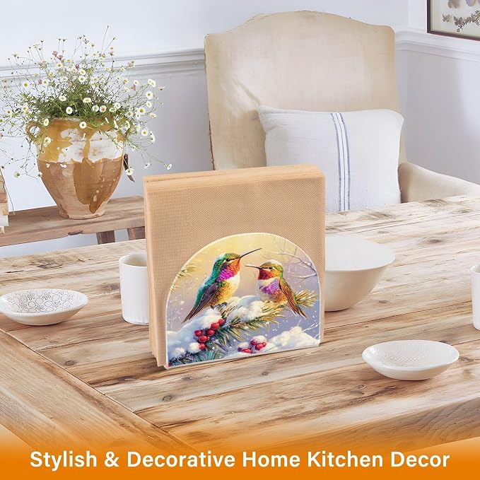 Napkin Holder Acrylic Napkin Holder for Table Kitchen Party Restaurant U Shaped Upright Napkin Dispenser Organizer Winter Hummingbirds and Pine Tree