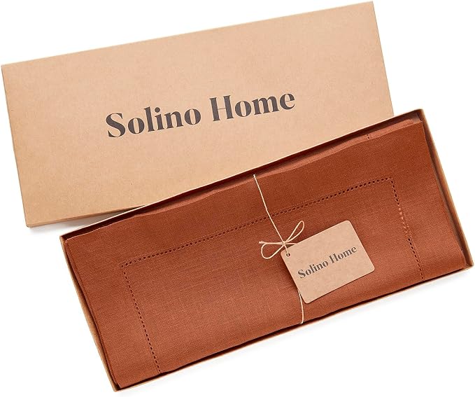 Solino Home Linen Cinnamon Table Runner 90 Inches Long - 100% Pure Linen Hemstitch 14 x 90 Inch Table Runner for Dining - Classic Hemstitch