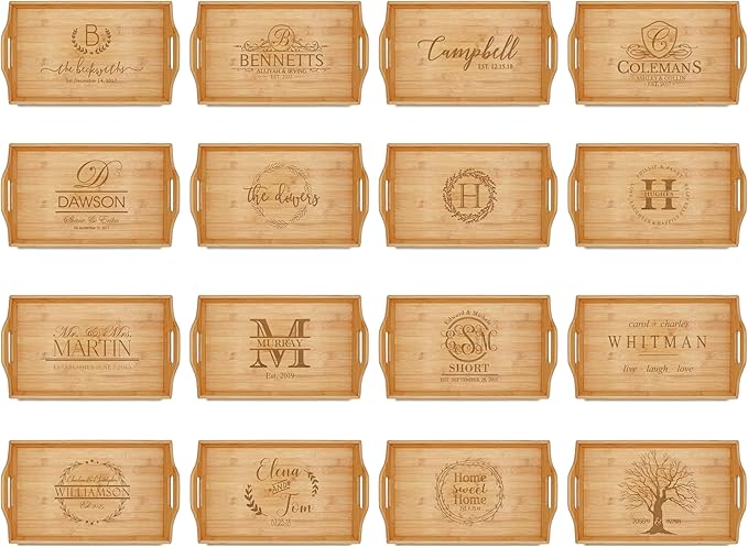 Personalized Bamboo Wood Serving Tray with Handles, Engraved Wooden Trays, Wedding Gifts, Housewarming Gifts (Tree)
