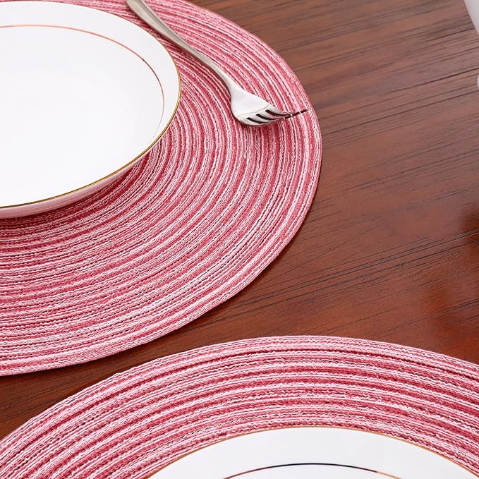 Topotdor 15 Inch Round Placemats Stain Resistant Anti-Skid Washable Polyproplene Table Mats Placemats(Pink, Set of 6)