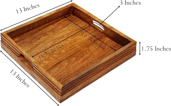 Croft&Cane Solid Wood Serving Tray - 13 x 13 Inch Square Decorative Ottoman Tray - Hand-Carved Ribbed Design - Natural Wood Tray with Handles for Coffee Table, Kitchen, Breakfast & Home Décor