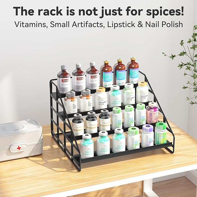 Bunoxea Spice Rack Kitchen Cabinet Organizer,4 Tier Countertop Spice Rack,Tier Depth Adjustable Cabinet Shelf,Step Spice Organization Easy Visibility,Holds Seasoning and Condiments