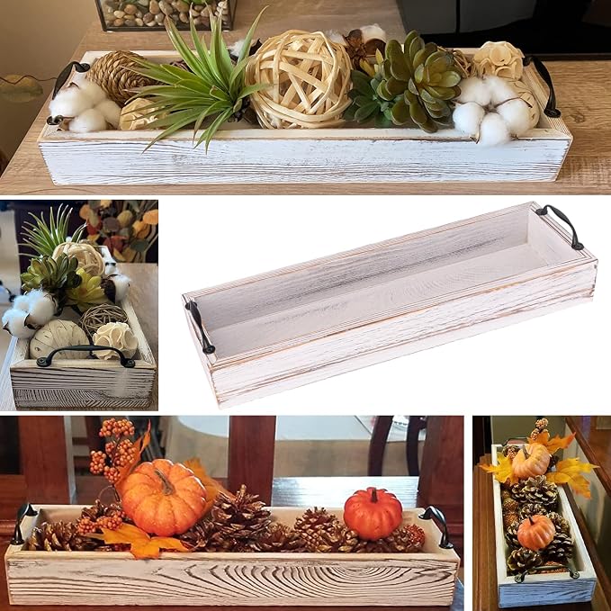 2 PCS 16 Inch Rustic Wooden Serving Trays with Metal Handles, Versatile Rectangular Wood Ottoman Tray for Living Room and Dining Table Centerpiece Decor, Home Decor, Coffee Table, Office