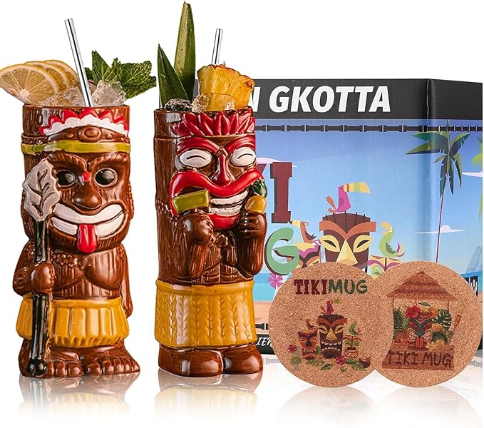 Gift-Set Tiki Mugs for Cocktail Set of 2 - Ceramic Tiki Cups,Tiki Glasses Cute Exotic Cocktail Glasses, For Hawaiian Party And Tiki Bar
