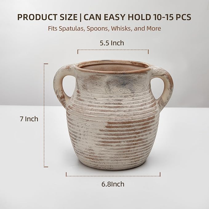 Rustic Utensil Holder for Kitchen Counter - Large Ceramic Farmhouse Cooking Utensil Crock & Organizer for Spatula, Spoon - Vintage Kitchen Decor (Taupe)