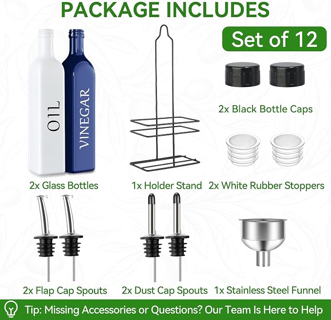 Vakoo Oil and Vinegar Dispenser Set - 17oz/500ml, Extra Thick Glass, Leak-Proof, Olive Oil Dispenser Bottle for Kitchen (White Blue)