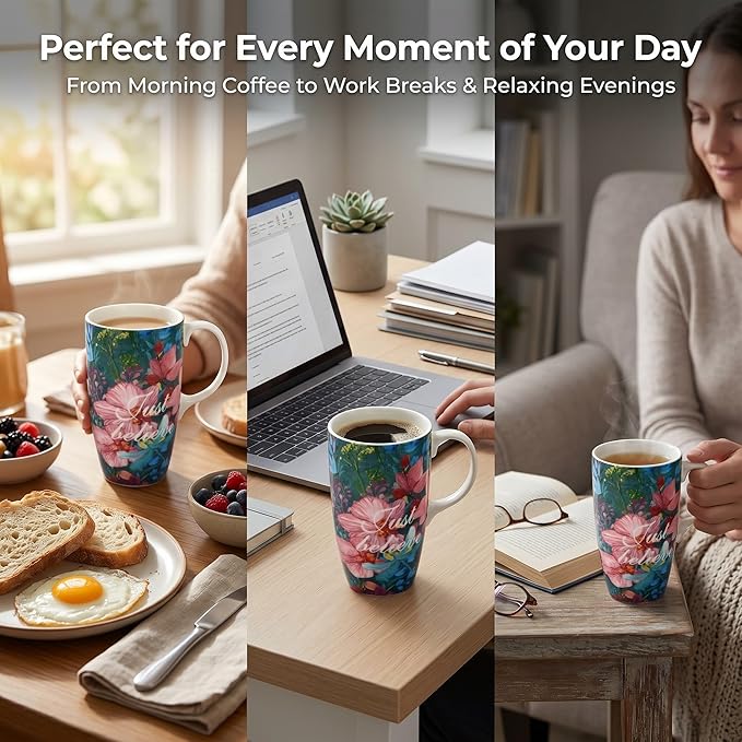 DUSVALLY 17oz Ceramic Coffee Mug with Lid – Splash-Resistant Mug with Handle, Large Coffee Mugs,Just Believe Flowers Tea Cup Set, Cute Coffee Mugs, Microwave Safe Ceramic Mug